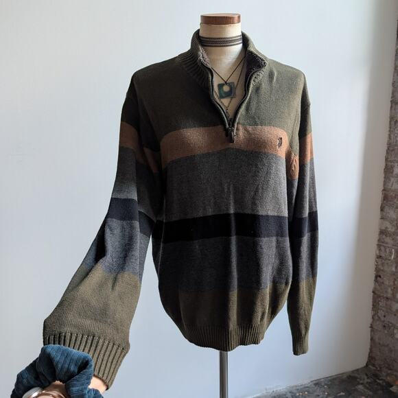 Vintage Green Striped Knit Sweater Earthy Minimalist Grunge Preppy Fleece Large - Picture 7 of 8